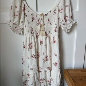 Hem & Thread White Midi Dress with Pink Floral Print